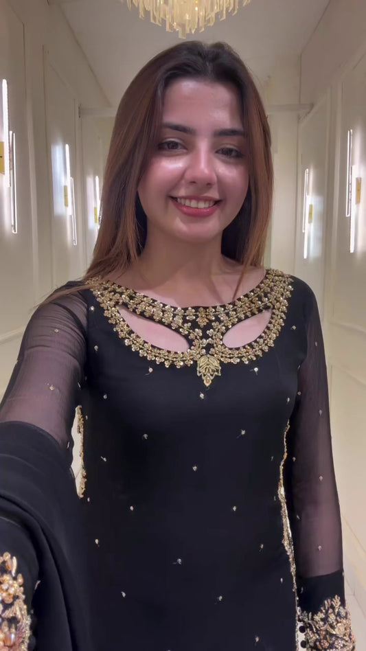 Elegant Faux Georgette Anarkali Kurti Set with Embroidery & Real Pearl Moti Work | Pant & Dupatta Included