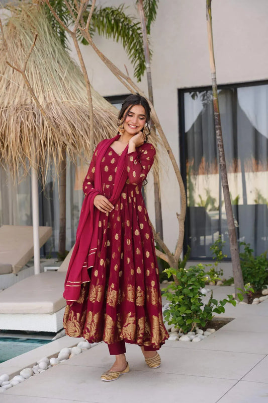 Classy Maroon Anarkali Suit with Golden Zari Work & Dupatta – Festive Ethnic Wear