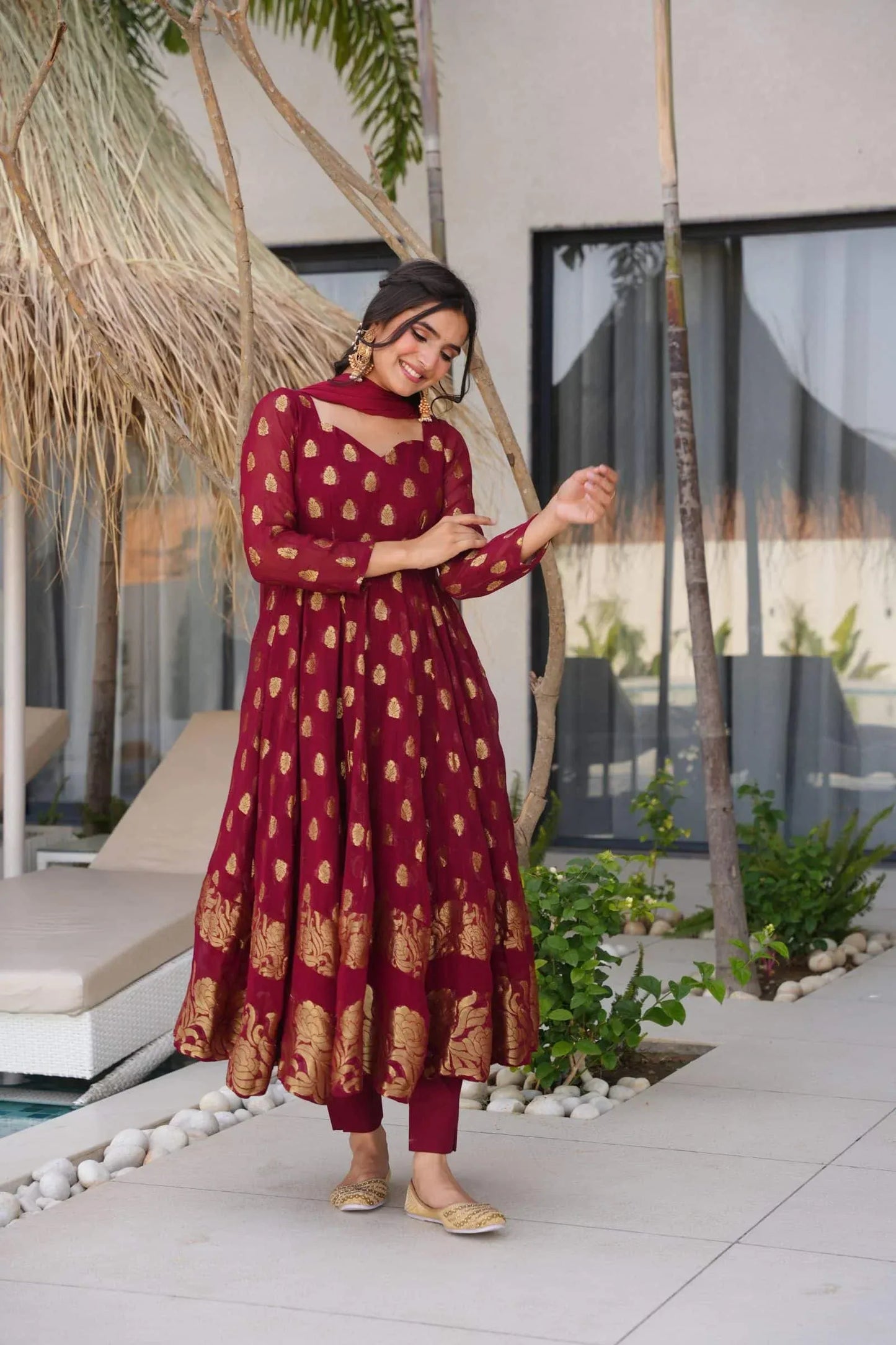 Classy Maroon Anarkali Suit with Golden Zari Work & Dupatta – Festive Ethnic Wear
