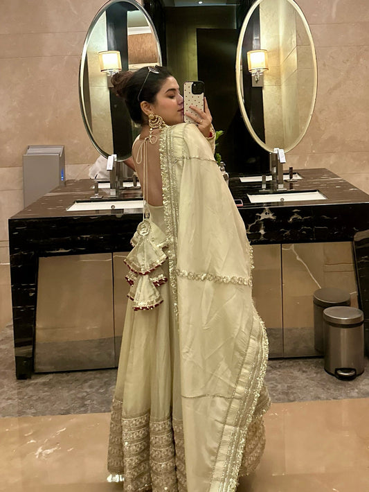 Trendy Beige Dress Festive Anarkali Suit Set For Wedding & Diwali Outfit