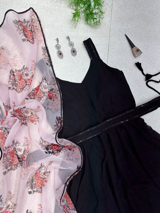 Breathtaking Black Faux Georgette Plain Anarkali Pant Suit With Floral Dupatta - Ethnicwish