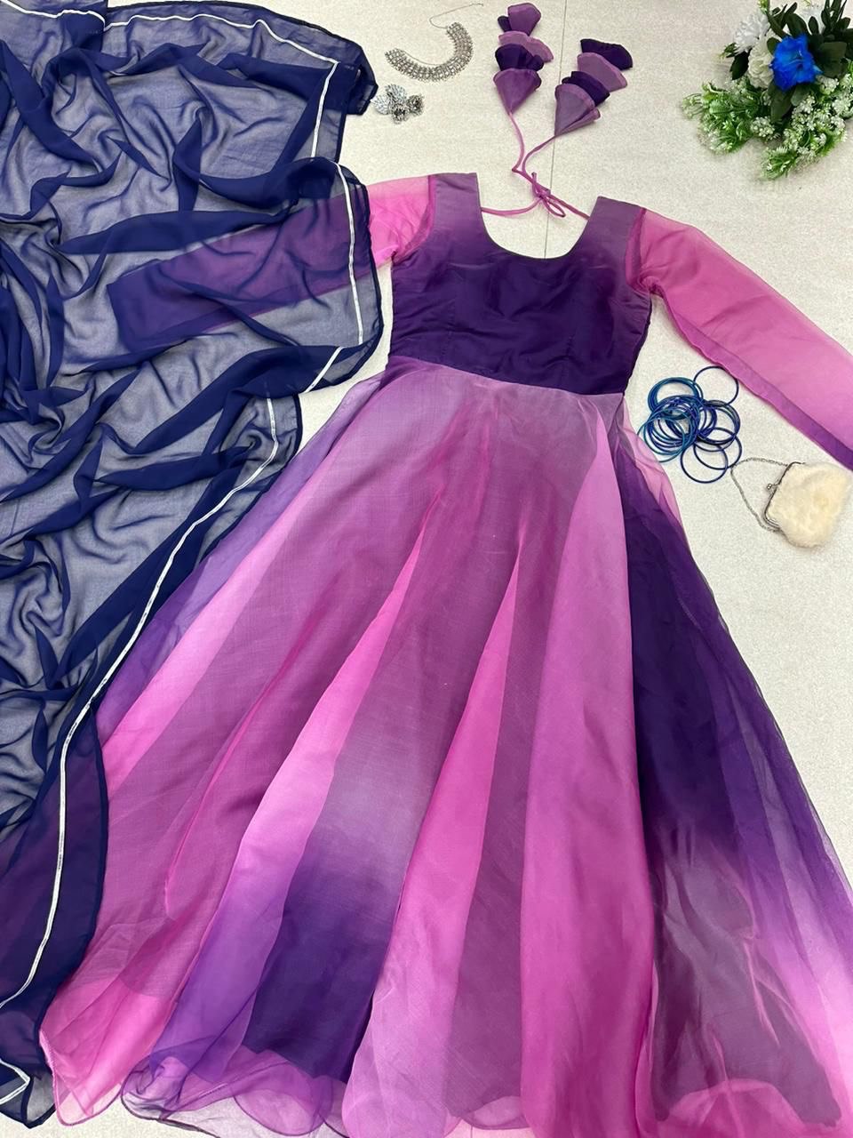 Bewitching Organza Silk Digital Printed Stitched Gown With Dupatta - Ethnicwish