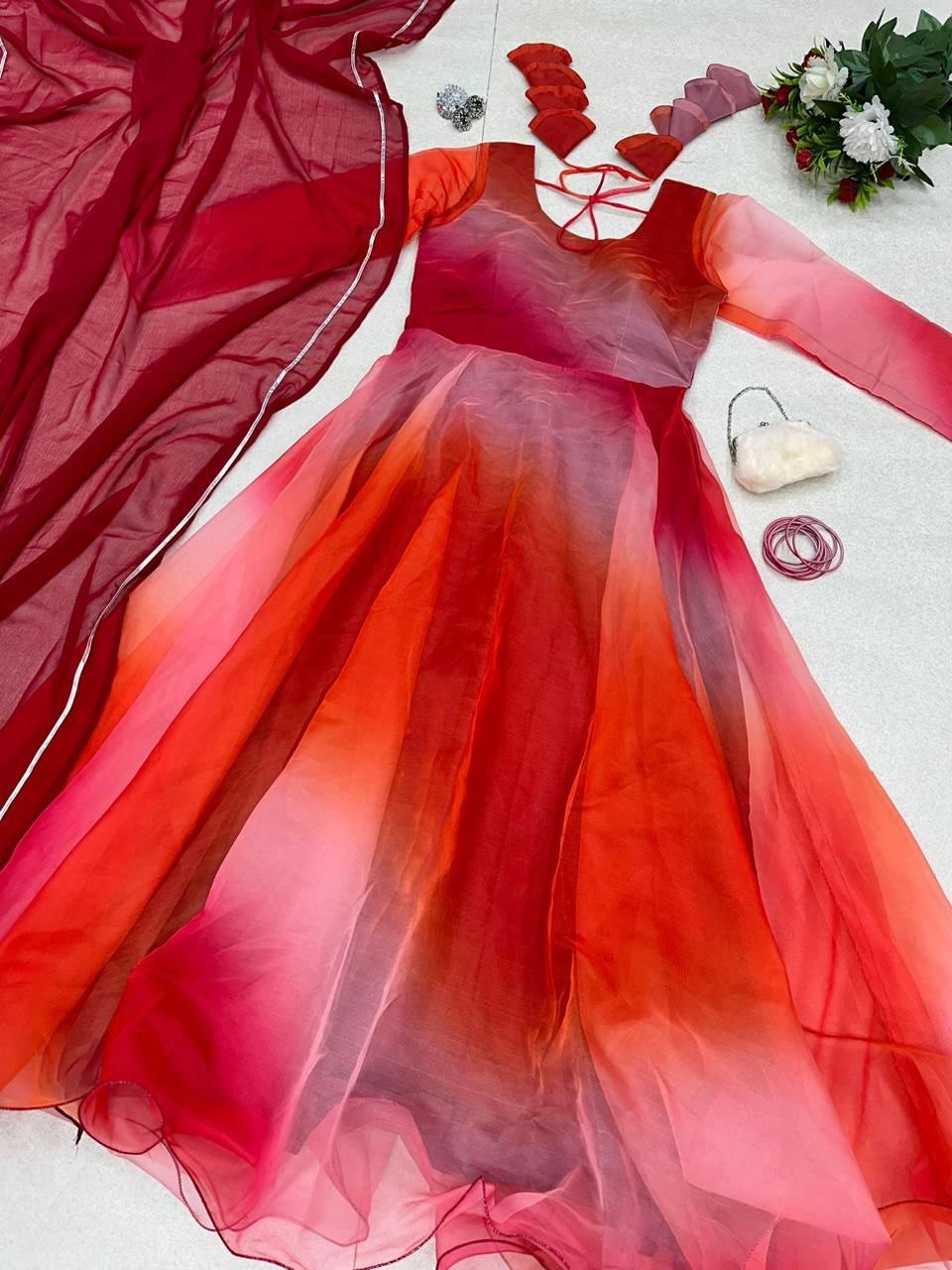 Bewitching Organza Silk Digital Printed Stitched Gown With Dupatta - Ethnicwish