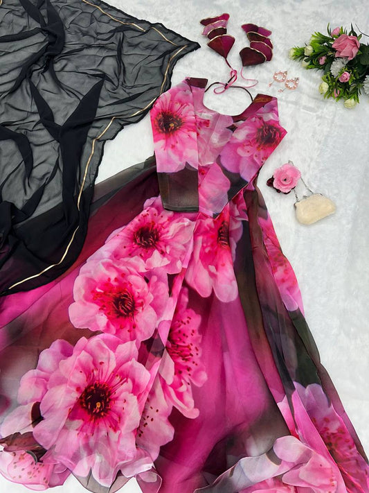 Radiant Pink Organza Silk Digital Printed Fully Stitched Gown With Dupatta - Ethnicwish