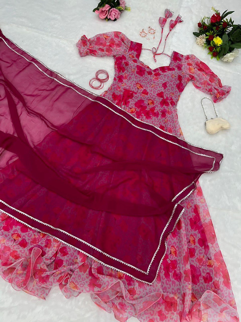 Captivating Pink Georgette Fully Stitched Plain Gown With Floral Dupatta - Ethnicwish