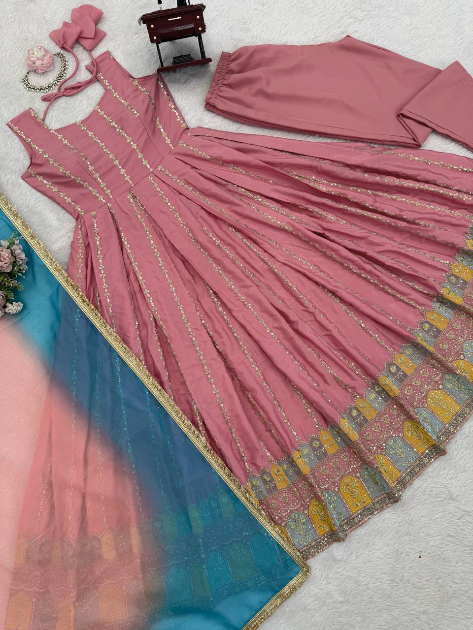 Pastel Pink Chinon Silk Anarkali Suit Set