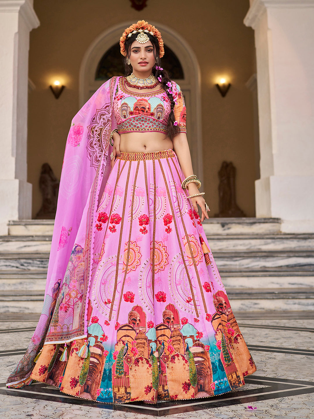 Pink Royal Heritage Print Lehenga Choli with Dupatta