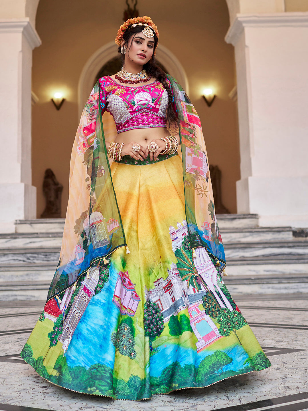 Yellow Multicolor Palace Print Lehenga Choli with Dupatta