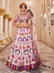 Multicolor Peacock Print Off-White Lehenga Choli Set with Dupatta