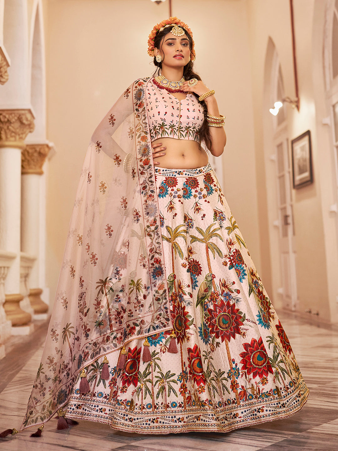 Cream Floral Peacock Print Lehenga Choli Set with Dupatta