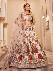 Cream Floral Peacock Print Lehenga Choli Set with Dupatta