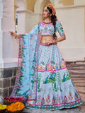 Sky Blue Peacock Print Lehenga Choli with Dupatta