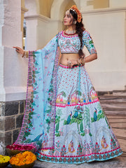 Sky Blue Peacock Print Lehenga Choli with Dupatta