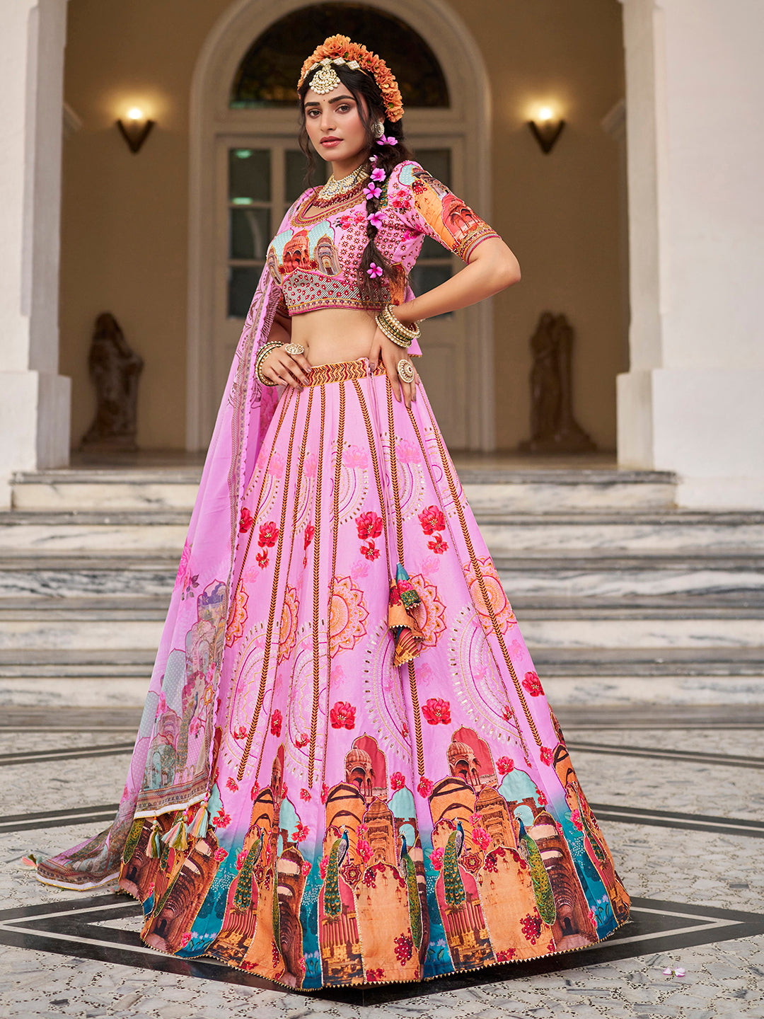 Pink Royal Heritage Print Lehenga Choli with Dupatta