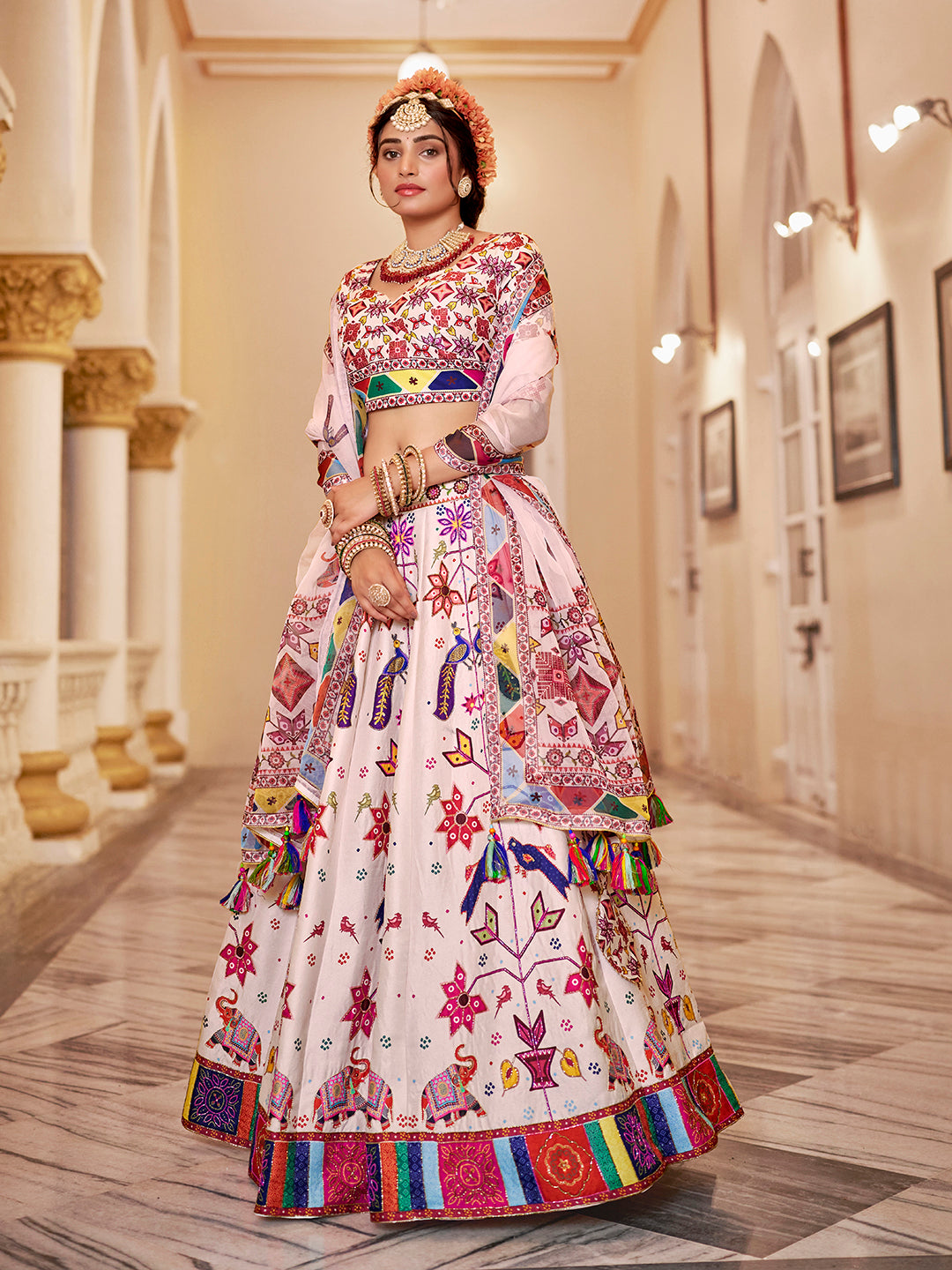 Multicolor Peacock Print Off-White Lehenga Choli Set with Dupatta