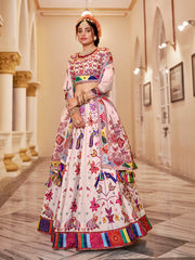 Multicolor Peacock Print Off-White Lehenga Choli Set with Dupatta