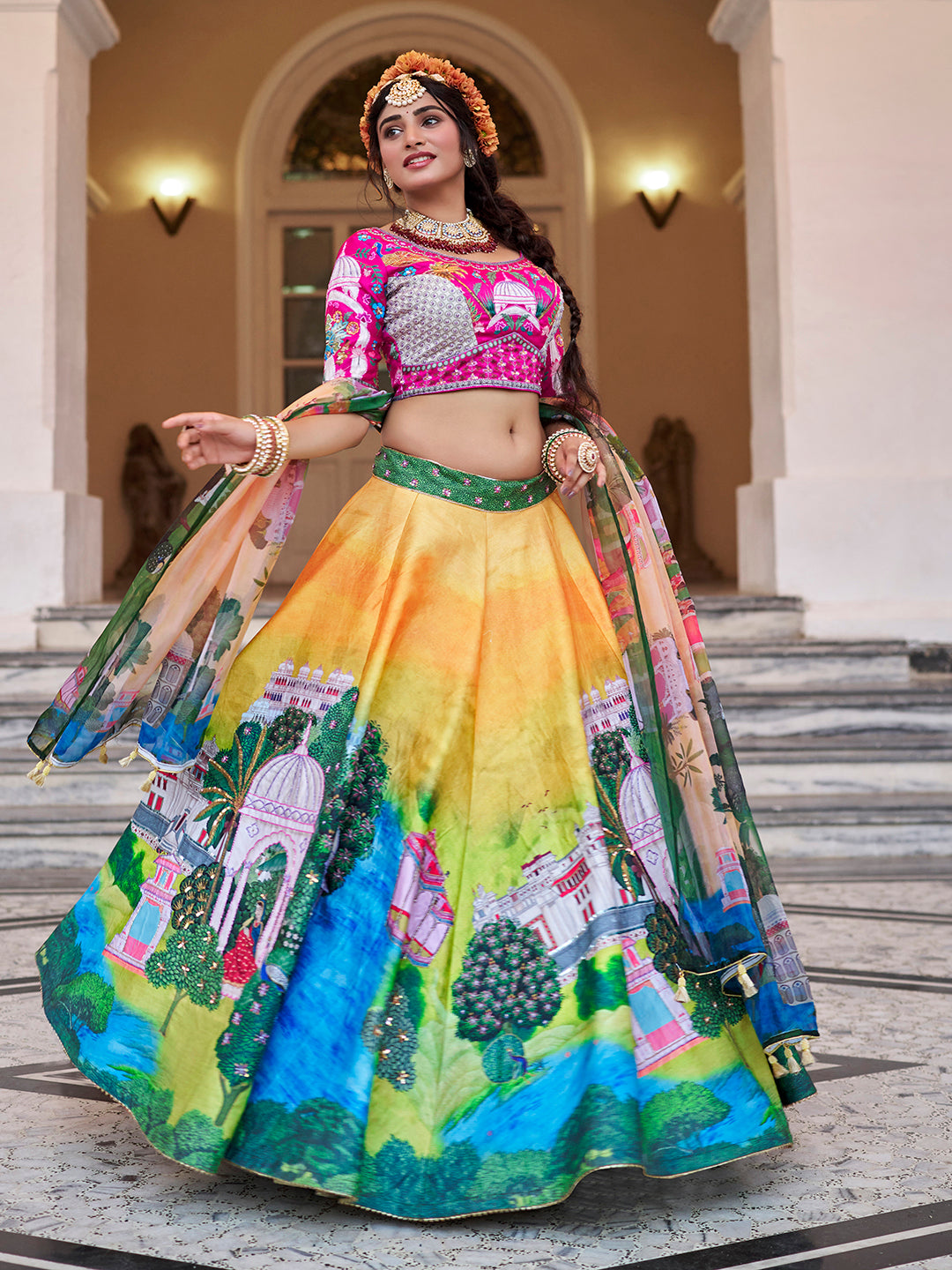 Yellow Multicolor Palace Print Lehenga Choli with Dupatta