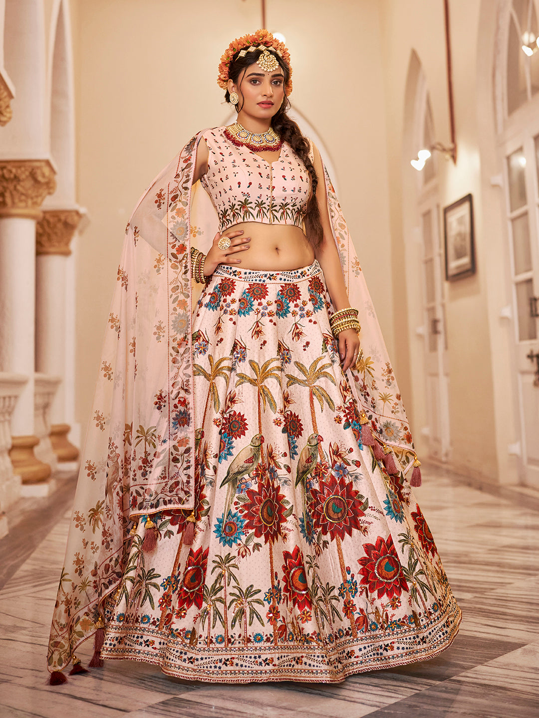 Cream Floral Peacock Print Lehenga Choli Set with Dupatta