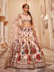 Cream Floral Peacock Print Lehenga Choli Set with Dupatta