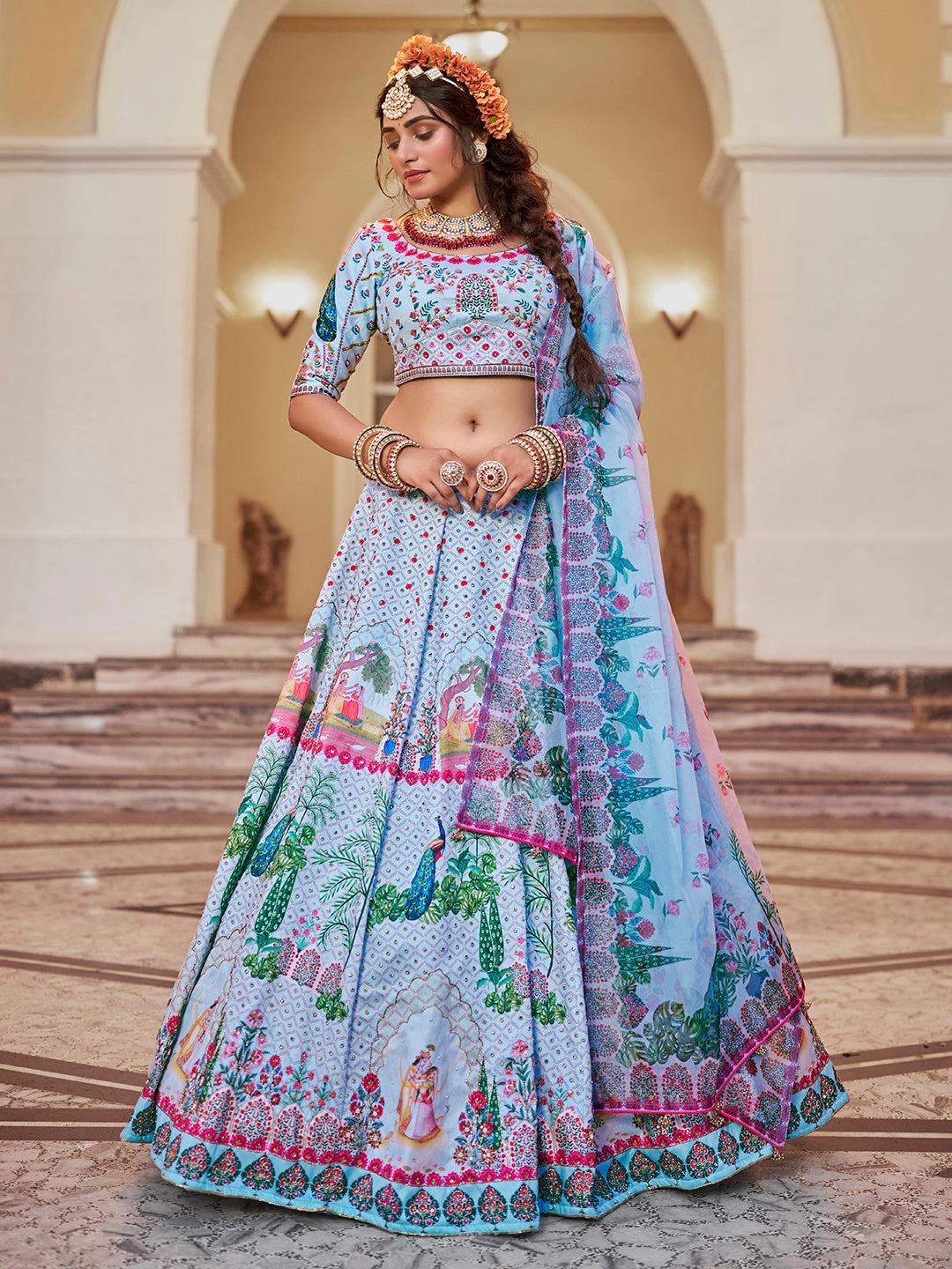 Sky Blue Peacock Print Lehenga Choli with Dupatta