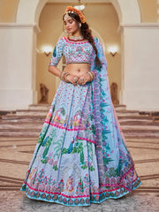 Sky Blue Peacock Print Lehenga Choli with Dupatta