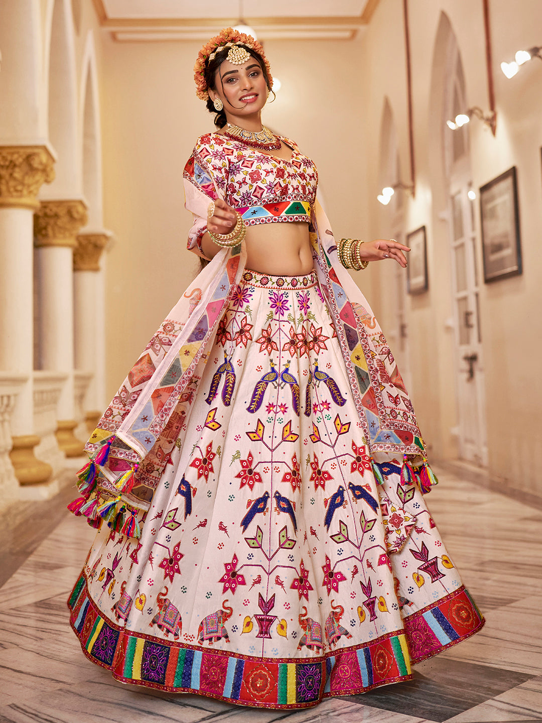Multicolor Peacock Print Off-White Lehenga Choli Set with Dupatta
