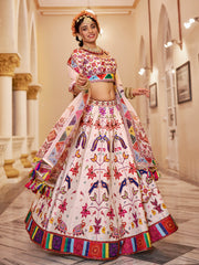 Multicolor Peacock Print Off-White Lehenga Choli Set with Dupatta