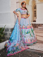 Sky Blue Peacock Print Lehenga Choli with Dupatta