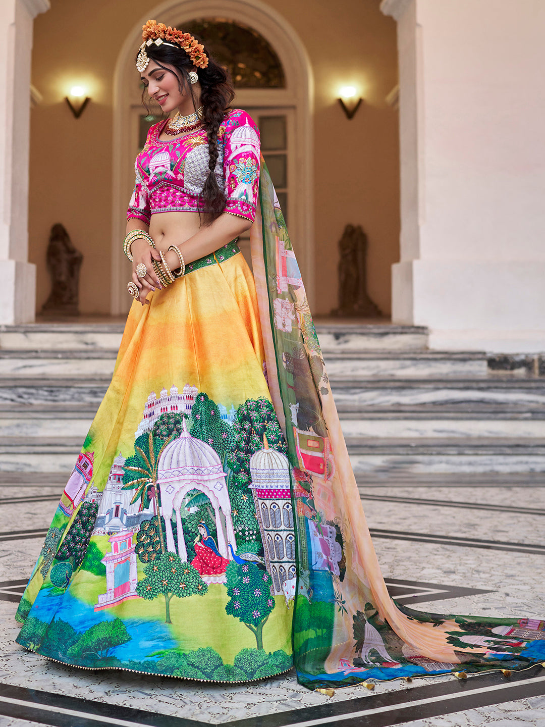 Yellow Multicolor Palace Print Lehenga Choli with Dupatta