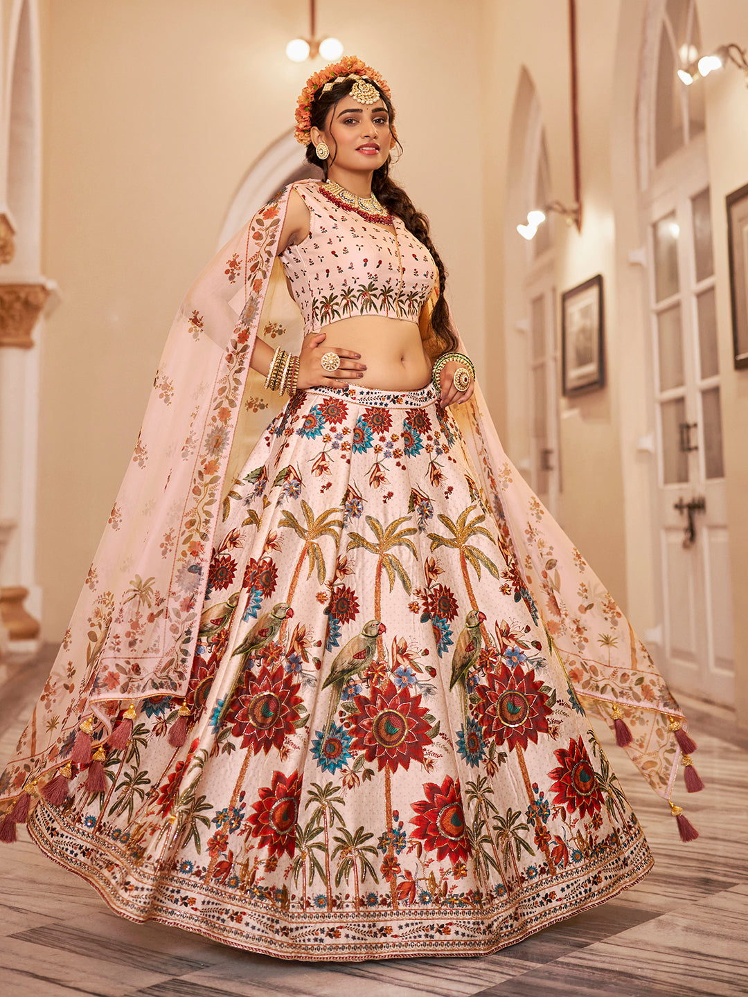 Cream Floral Peacock Print Lehenga Choli Set with Dupatta