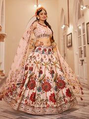 Cream Floral Peacock Print Lehenga Choli Set with Dupatta