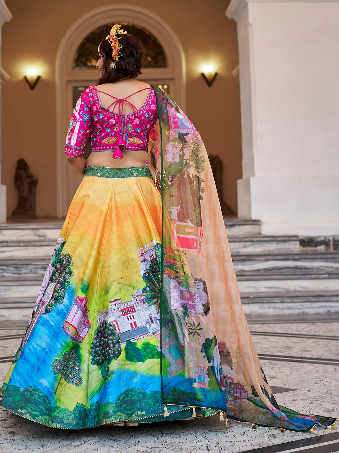 Yellow Multicolor Palace Print Lehenga Choli with Dupatta