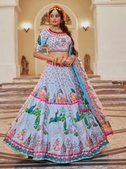 Sky Blue Peacock Print Lehenga Choli with Dupatta
