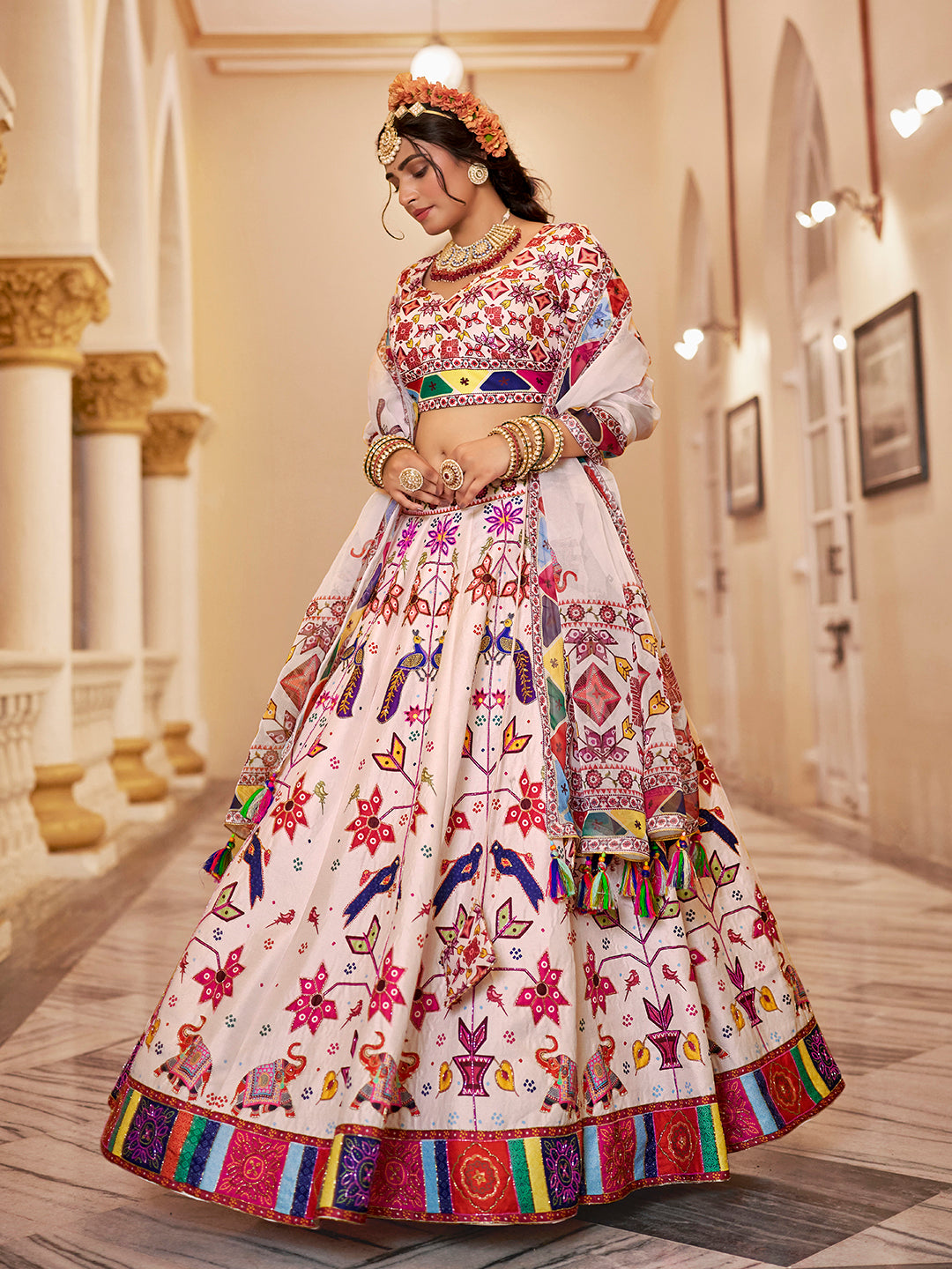 Multicolor Peacock Print Off-White Lehenga Choli Set with Dupatta