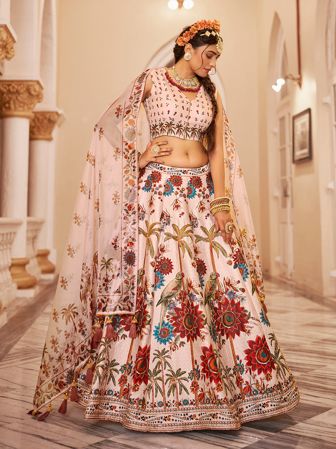 Cream Floral Peacock Print Lehenga Choli Set with Dupatta