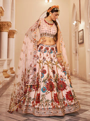 Cream Floral Peacock Print Lehenga Choli Set with Dupatta