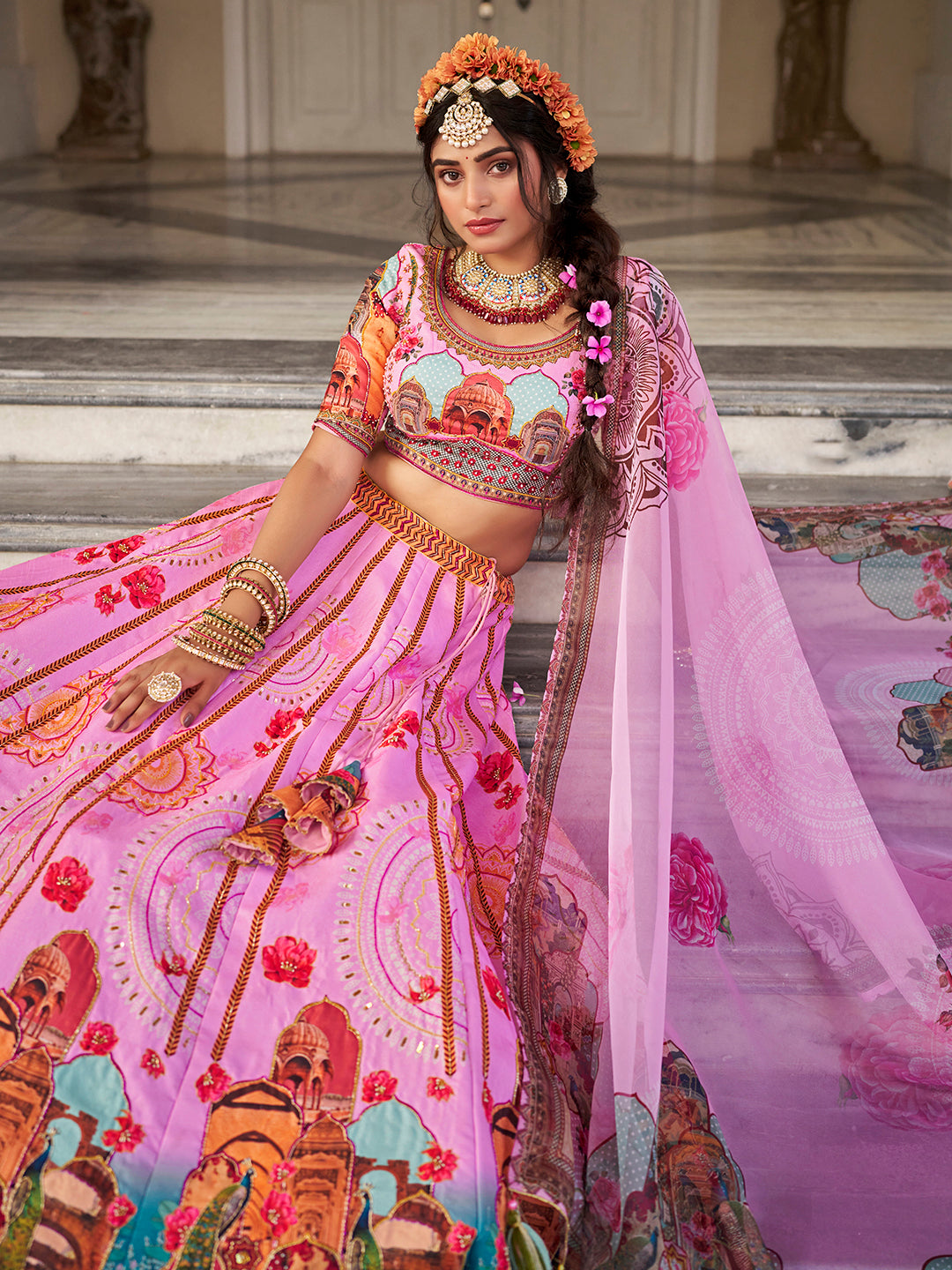 Pink Royal Heritage Print Lehenga Choli with Dupatta