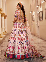 Multicolor Peacock Print Off-White Lehenga Choli Set with Dupatta