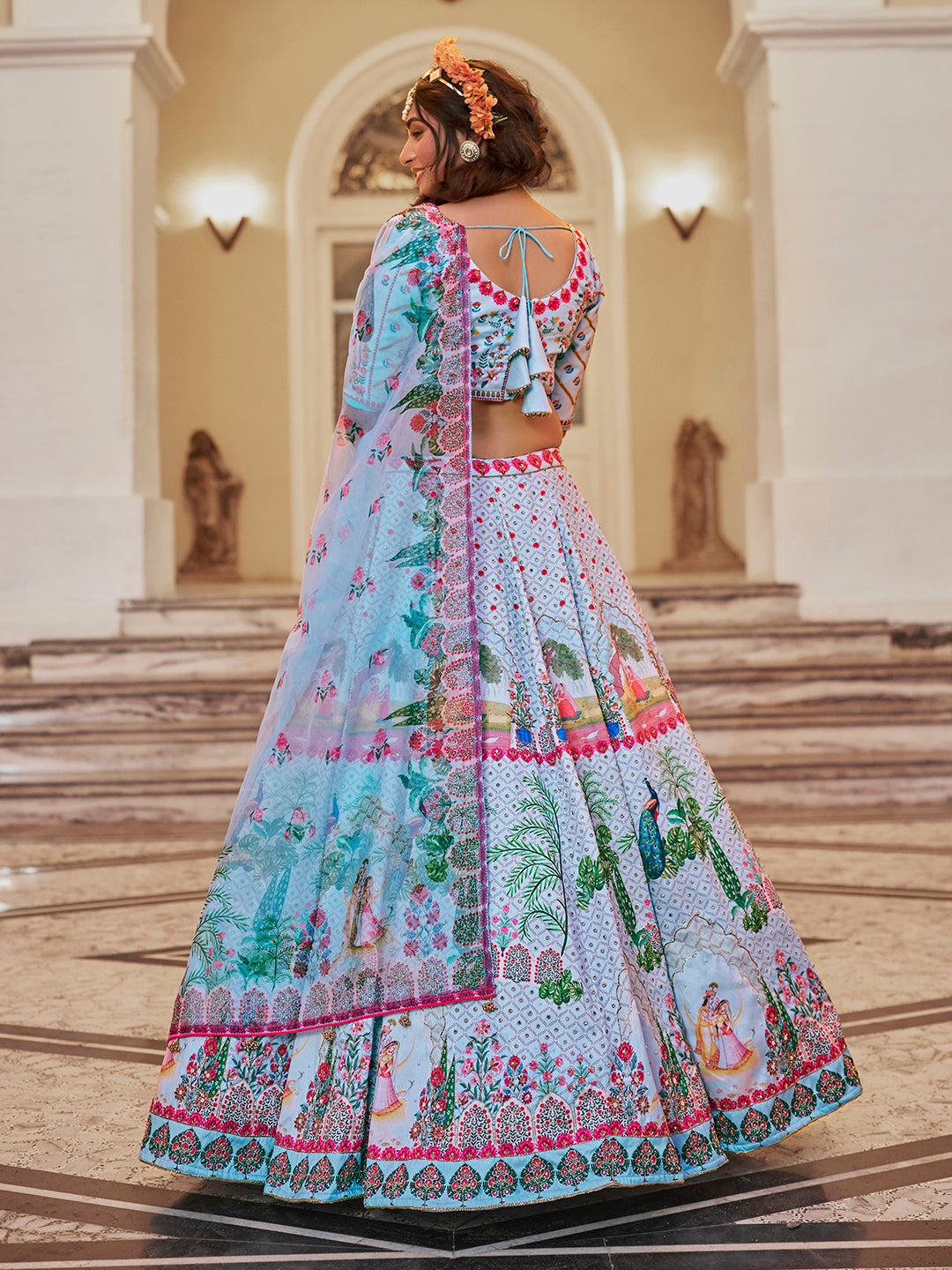 Sky Blue Peacock Print Lehenga Choli with Dupatta