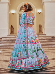 Sky Blue Peacock Print Lehenga Choli with Dupatta