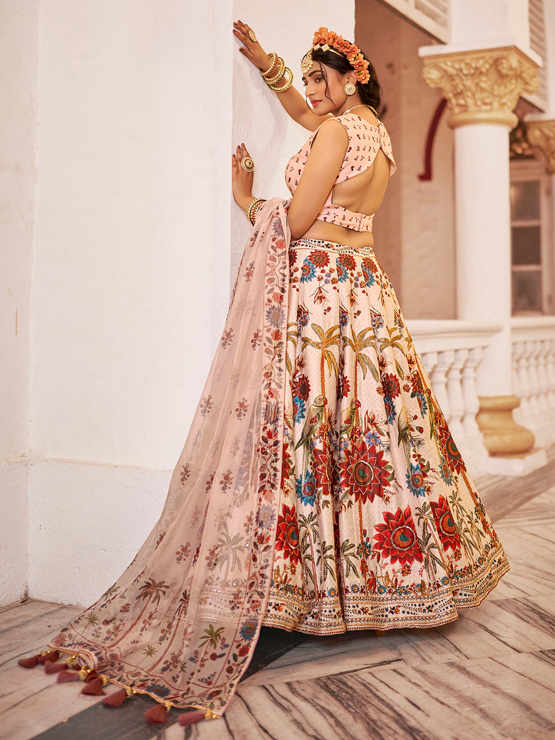 Cream Floral Peacock Print Lehenga Choli Set with Dupatta