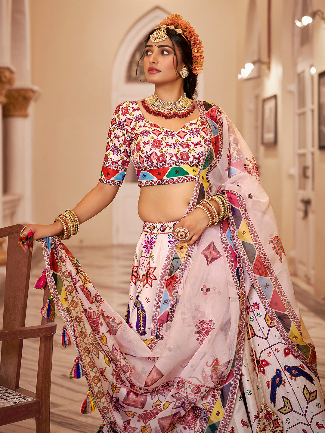 Multicolor Peacock Print Off-White Lehenga Choli Set with Dupatta