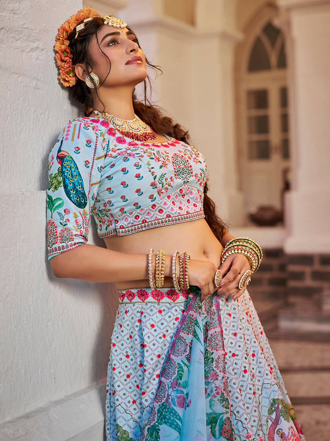 Sky Blue Peacock Print Lehenga Choli with Dupatta
