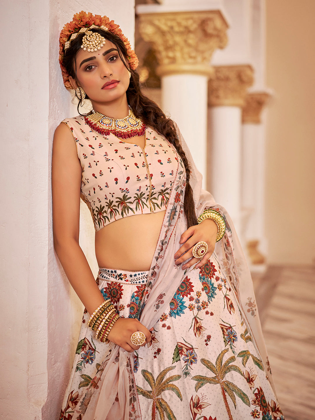 Cream Floral Peacock Print Lehenga Choli Set with Dupatta