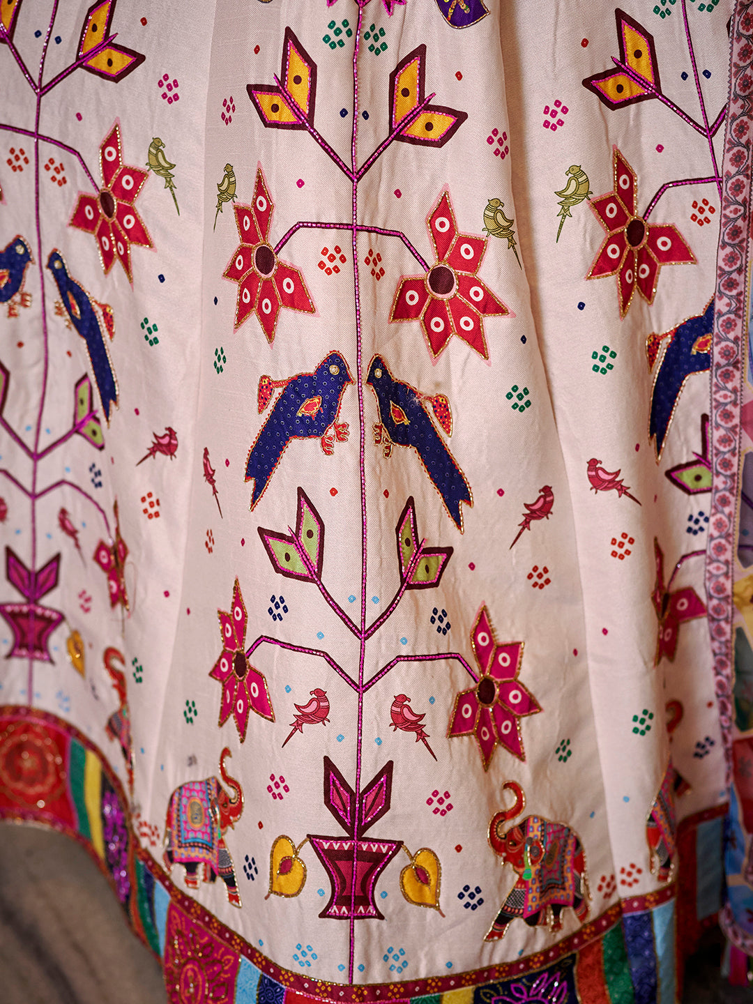 Multicolor Peacock Print Off-White Lehenga Choli Set with Dupatta