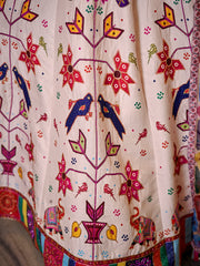 Multicolor Peacock Print Off-White Lehenga Choli Set with Dupatta