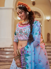 Sky Blue Peacock Print Lehenga Choli with Dupatta