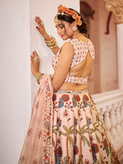 Cream Floral Peacock Print Lehenga Choli Set with Dupatta