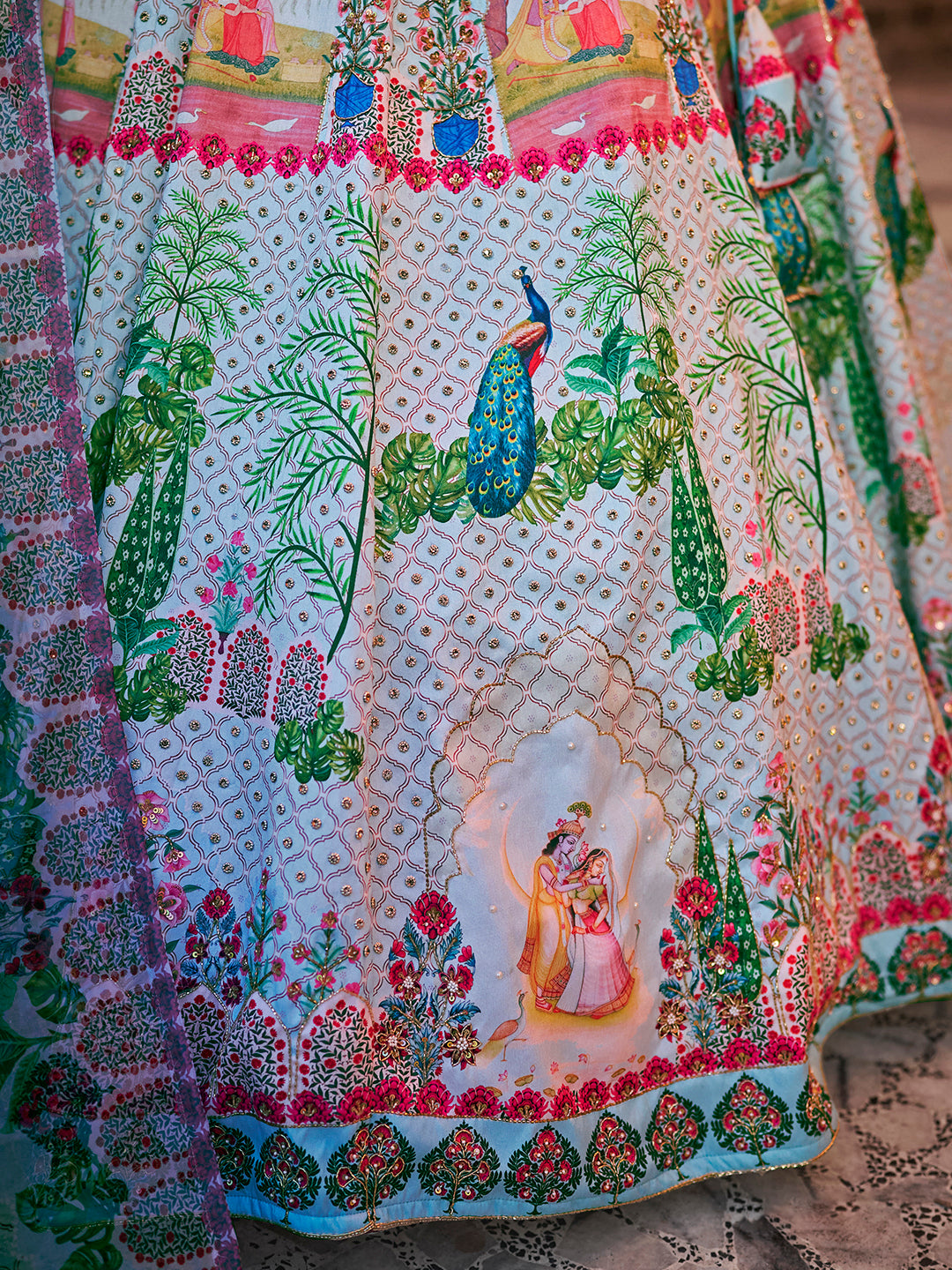 Sky Blue Peacock Print Lehenga Choli with Dupatta