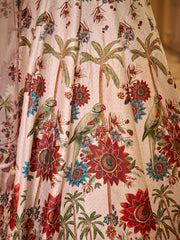 Cream Floral Peacock Print Lehenga Choli Set with Dupatta